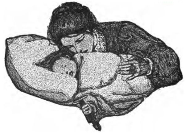 This is a black-and-white illustration of a woman leaning over a bed, hugging a sleeping child. Both the woman and the child face the viewer. The woman is dressed in a dark patterned garment with a lace collar.