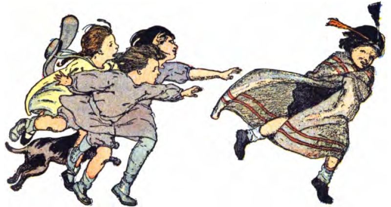 This illustration shows several children and a small dark dog chase another child. The child being chased looks back over her shoulder. She wears a Native American-style headdress with two upright feathers and a grey blanket or cloak with red stripes. The children chasing her reach out toward her. One wears a long-sleeved purple dress and high-top socks. Another wears a short-sleeved blue dress. Another wears a yellow dress with a brimmed sun hat that is flying off.