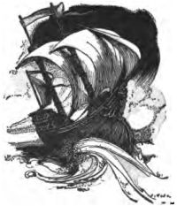 This black-and-white drawing shows a wooden ship caught in a storm, tilting on rough seas. Its white sails billow in the wind and waves fill the foreground, while a dark, cloud-like shape looms in the background.