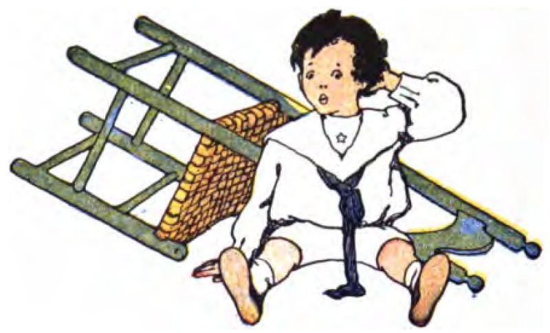 A boy sits on the floor beside a green wooden chair tipped over. He rubs the back of his head with his left hand. His mouth forms a wide O of surprise or dismay. He is dressed in a white sailor-style suit with a long-sleeved top, a wide collar, a dark necktie, matching white shorts, white ankle socks, and shoes.
