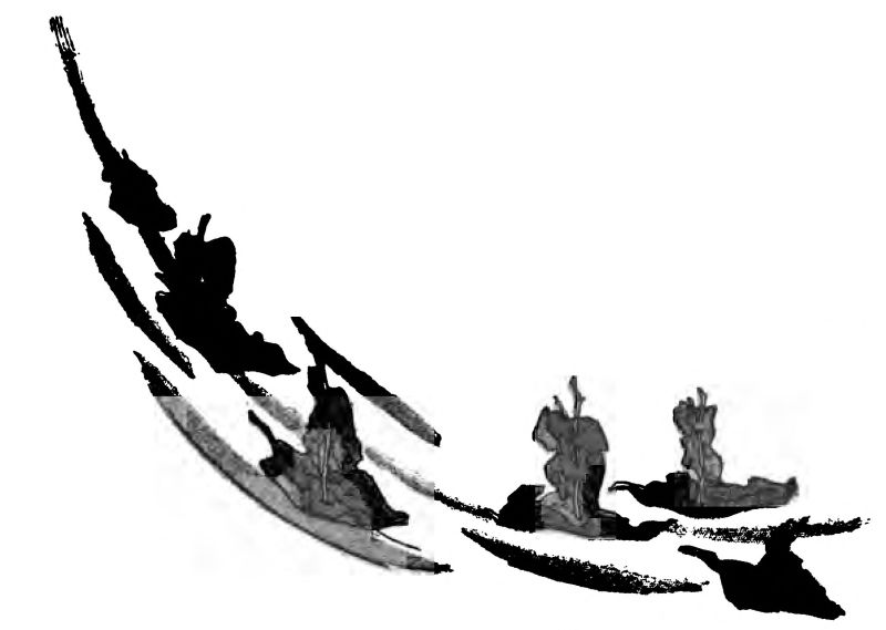This simple black-and-white illustration shows small, stylized figures or vessels moving along a curved path.
