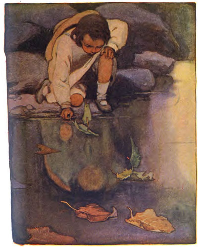 A young child with brown, chin-length hair kneels by the water’s edge wearing a light long-sleeved shirt or tunic, short pants, white socks, dark shoes, and a hat hanging behind them. Leaning over the rocky bank, the child long-sleeved shirt or tunic, short pants, white socks, and dark shoes, with a hat hanging behind them. Leaning over the rocky bank, the child carefully sets a small toy boat made from a green leaf and a twig mast onto the water. Other fallen leaves float on the dark murky surface like a tiny fleet of ships. The water shows a soft blurred reflection of the child leaning forward.