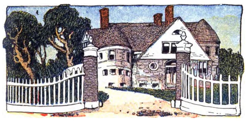 The picture shows a large house behind a white curved picket fence that opens in the center, revealing a driveway flanked by two brick pillars topped with decorative white stone caps. The house has several stories and appears made of light-colored stone or brick. On the left is a curved circular section of the house. Red chimneys rise above the roof. Large green trees stand on the left. A blue sky stretches overhead.