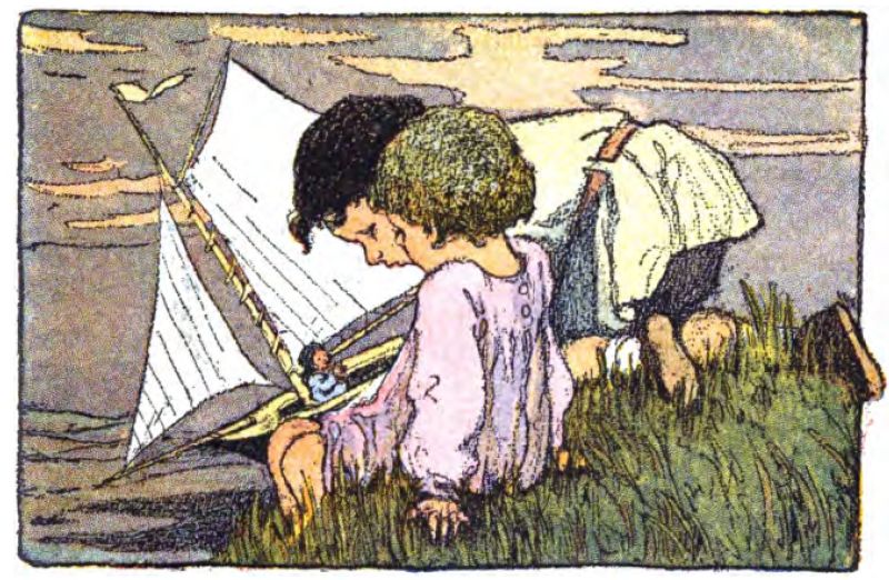 This illustration matches the one on the book cover. Two children sit on a bank by the water. The blond child, dressed in a white tunic, rests his hands on the grass. The other child, with dark hair and wearing blue, is either placing a toy boat in the water or pulling it out. Both children watch the boat, which has white sails and a red flag.
