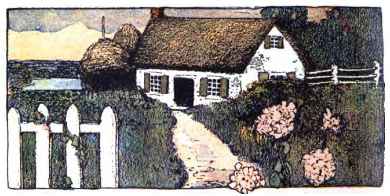 This color drawing shows a cozy cottage in the countryside with white walls, a thatched roof, dark shutters by the windows, and an open door. A dirt path leads up to the door. It is lined with a white picket fence, pink flowers, and green bushes. In the background, you can see two haystacks and a light blue sky.