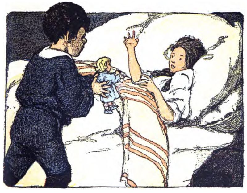 This color illustration shows a boy standing beside a girl lying in bed. The boy is dressed in a dark suit with a white collar and holds a blond-haired doll wearing a blue dress. He shows the doll to the girl. The girl has brown braided hair and wears a white nightgown. Her bed has large white pillows and a blanket with orange or pink stripes. She lifts her left hand to reach toward the doll.