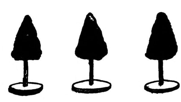 The illustration shows three identical toy trees in a row. Each tree has a solid black, cone-shaped top like a pine tree, a thick black trunk, and a flat oval tree stand at the base.