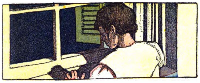 The image shows a child standing at a window, facing outside with their back to us. The child has short brown hair and wears a plain, light or white short-sleeve shirt. The window has a thick light wooden frame with several glass panes. It is dark outside. A green shutter with horizontal slats is visible on the right. Inside, the room is brightly lit.