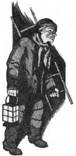 The black-and-white image shows a lamplighter holding a short ladder in his left hand and traditional four-sided glass lantern in his right hand. He is dressed for winter in a thick coat, trousers, sturdy boots, and a scarf or cloth wrapped around his neck.