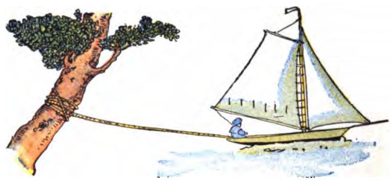 The illustration shows a sailboat tied to a tree on the shore. The tree has green leaves at the top, and a rope is wrapped around its trunk several times. The sailboat floats on blue water, with a large white mainsail and a smaller triangular jib sail. A small figure sits at the back of the boat.