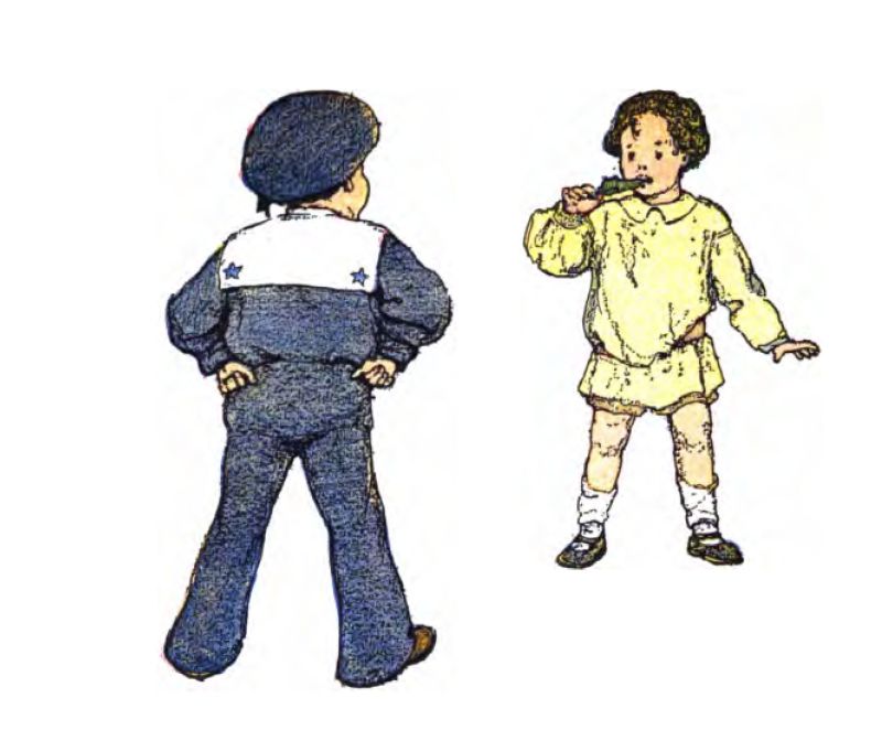 This color illustration shows two young boys. The boy on the left stands with his back to the viewer and his hands on his hips. He wears a dark blue sailor suit with flared trousers and a matching cap. Two blue stars are on the back of his large white collar. viewer and his hands on his hips. He wears a dark blue sailor suit with flared trousers and a matching cap, and there are two blue stars on the The boy on the right faces forward. He has short, dark curly hair and wears a light yellow tunic or smock with a rounded collar, matching shorts, white socks, and dark shoes. He puts a green leaf in his mouth with his right hand.