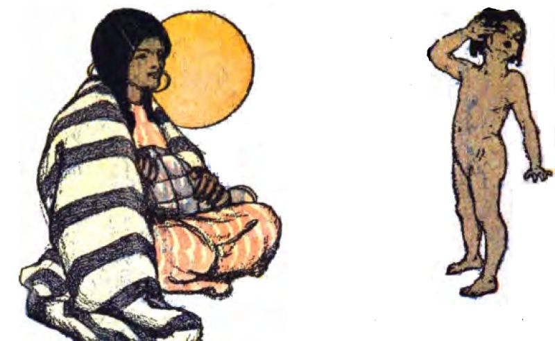 The image features two people. On the left, an Indigenous woman sits cross-legged on the ground. She wears a large black-and-white blanket with horizontal stripes over an orange-and-white striped dress. Her long black hair falls down her back. She has large hoop earrings. A big sun appears behind her head. On the right, a young child stands without clothes and raises their right hand to block the sunlight.