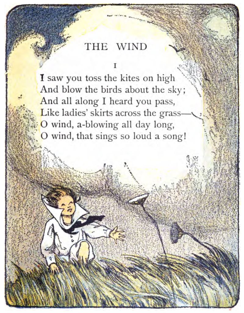The poem’s text sits inside a border of swirling clouds. At the bottom, a young child with windswept brown hair leans into a strong wind. The child wears a light-colored, high-collared jacket or smock and a dark tie that trails behind. The child stands in tall, thick grass bending sharply to the left from the wind's force. Two flowers on long, thin stems also whip in the wind. Near the top right, a small bird silhouette flies among the swirls.