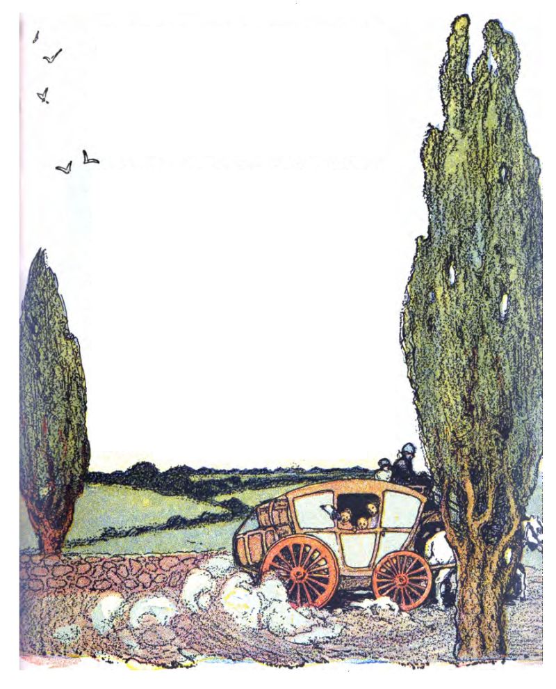 The image shows a horse-drawn carriage moving along a country road. The light-colored stagecoach with large orange wooden wheels travels from left to right. Several passengers, including children, look out from the side window. Luggage is tied to the back, and some people sit on the roof at the rear. The carriage stirs up white dust as it moves along the rough dirt road. The road is bordered by a low stone wall. In the distance, a flat green field stretches toward a dark line of trees on the horizon. Two tall, slender green trees, possibly cypress or poplar, frame the scene. One stands on the far left, and a larger one is on the right. In the top left corner, five small black birds fly across the sky.
