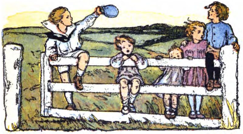 Five children are playing around a wooden country fence with grass beneath their feet. From left to right: right: A boy in a white sailor-style outfit sits high on the left fence post, raising a blue cap in his left hand. Next, a young child in a grey outfit balances on the middle rail, looking straight ahead. A small toddler peeks out between the wooden slats, holding the top rail. A girl in a purple dress stands by the fence with her arm around the boy next to her. Finally, a boy in a blue jacket sits on the right fence post, looking back at the boy on the left. Behind them is an open green field under a pale sky.