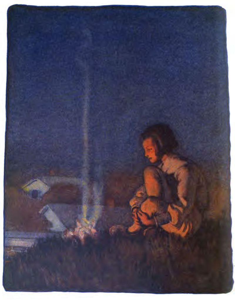 A young child sits on the grass on the right side of the scene facing left. Their legs are tucked up close, knees to their chest and hands wrapped around them. To the child's left, a small campfire glows on the ground, with a thin line of white smoke rising from the fire straight up into the dark sky.