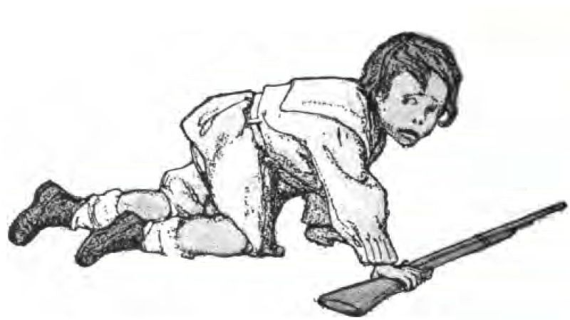 In this black-and-white photo, a young child crawls from left to right on the ground. His dark hair is messy. He wears a light sailor-style suit with a square collar and dark lace-up boots. He looks at the viewer with a worried expression. In his left hand, he holds a long toy rifle or musket resting flat on the floor in front of him.