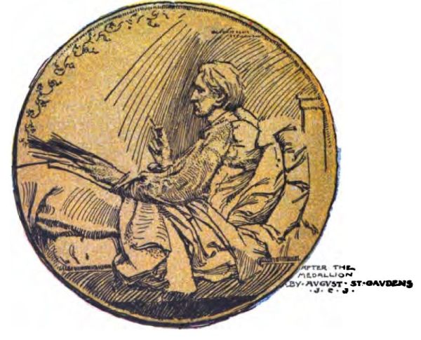 Robert Louis Stevenson is shown in profile, facing left. He appears slender, with shoulder-length hair, and sits upright in bed, supported by large fluffy pillows. He holds a pen in his right hand, while papers or a manuscript rest on his lap. The scene is framed by a round medal-like border with a decorative vine pattern in the upper-left part of the rim. In the bottom right corner, hand-lettered text reads: AFTER THE MEDALLION BY AVGVST ST-GAVDENS J. C. J.