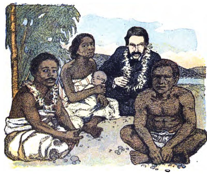The illustration shows a European man, Robert Louis Stevenson, sitting outside with an Indigenous family in a setting that looks like a Pacific island. He has a beard, wears a dark suit, and sits in the background with a white floral lei or garland around his neck. In the foreground, three adults and a baby sit cross-legged on the ground. On the left, a man wears a patterned wrap and a small floral lei. In the center, a woman holds a sleeping baby wrapped in cloth. On the right, a man sits wearing a loincloth.