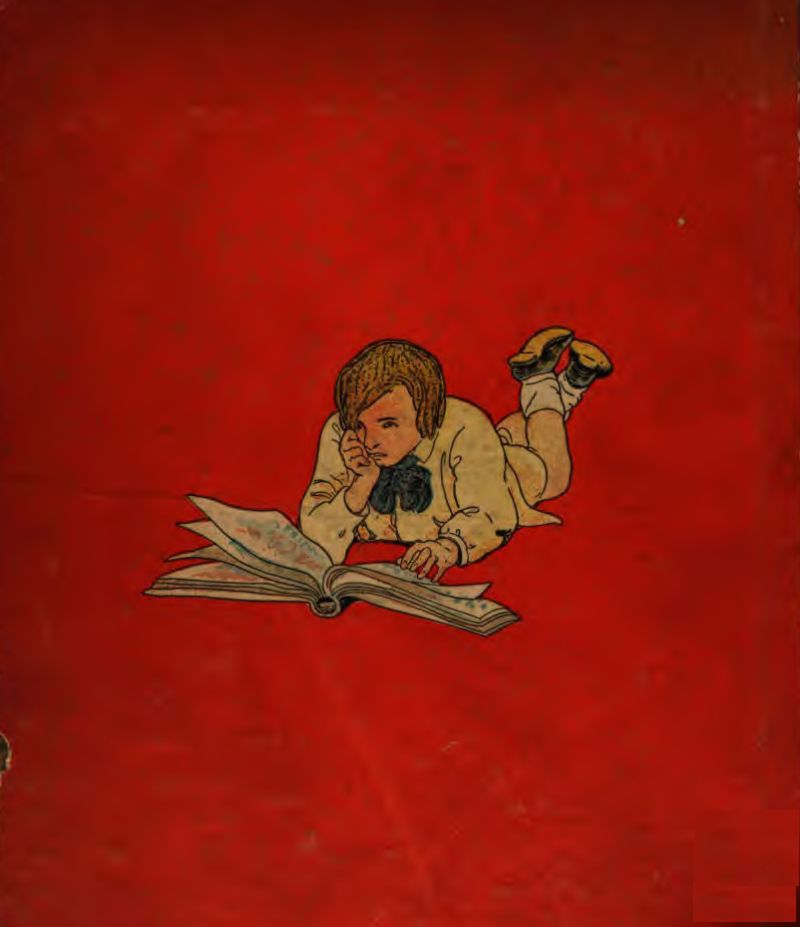 This back cover of the book is the same image as on Page 74. A young boy with wavy brown hair lies on his stomach, reading a book. He wears a pale yellow long-sleeved shirt with a dark blue or black bow at the collar. His legs are bent at the knees and kicked up behind him. He wears white socks and dark shoes with yellow soles. He rests his chin on his right hand, while his left hand is flat on the open book. The book is large and thick, open in front of him. The pages turn, showing faint, colorful hints of illustrations or text. The background is red.