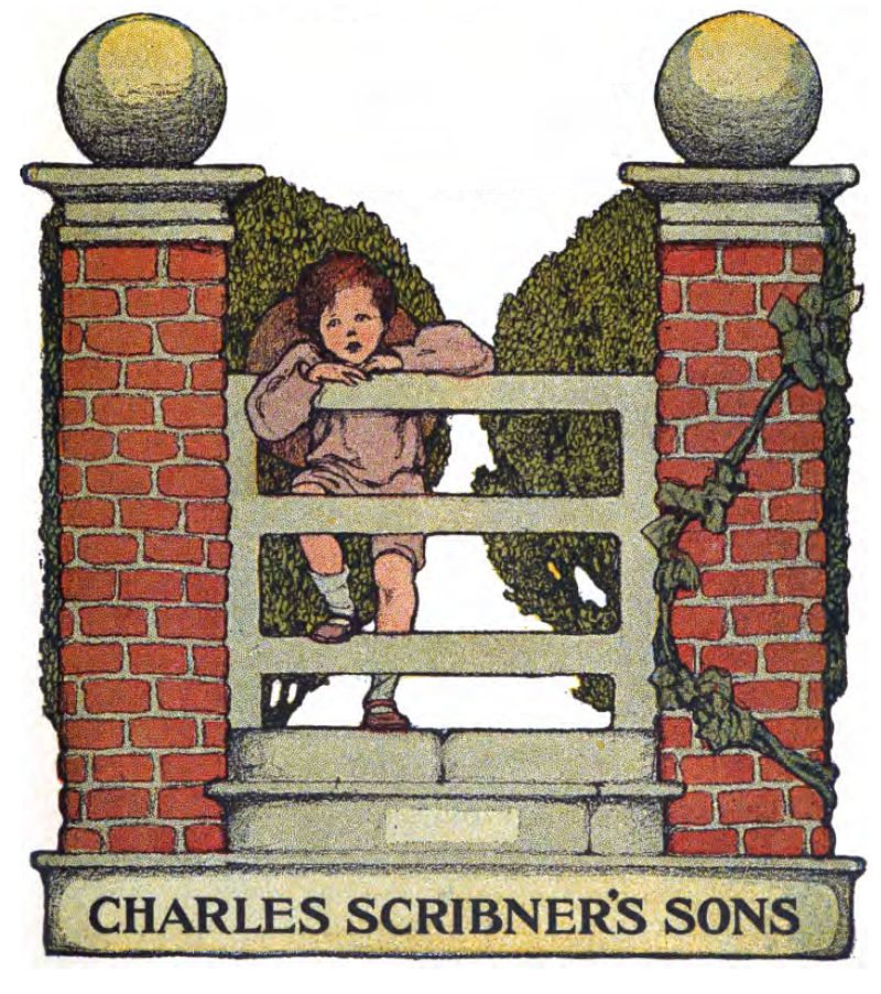 In the illustration, a brown-haired boy is climbing a wooden fence that stands between two red brick pillars. Each pillar has a large stone globe on top. A green vine grows from the top of the pillar on the right. Behind the gates, there are green hedges. The boy has a hat hanging behind his head.