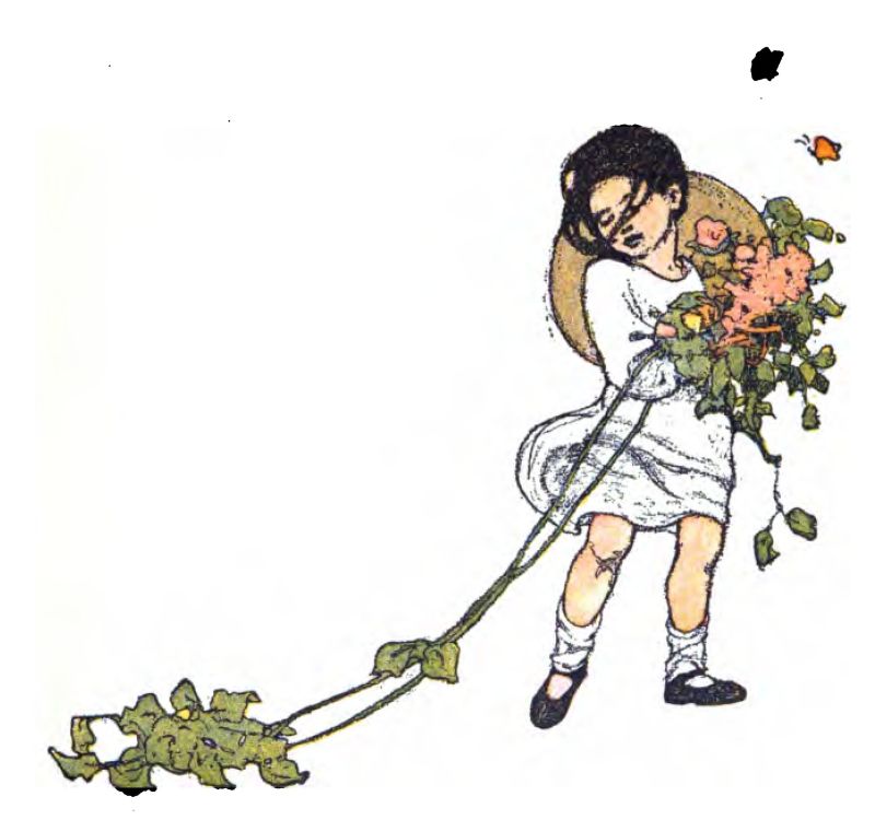 A young girl with black hair, dressed in a short white dress, holds a large bouquet of orange-pink flowers. She also wears white socks and black Mary Jane shoes. A large straw hat hangs on her back. She seems to be looking at a long green vine attached to her bouquet, which has many green leaves at the end.