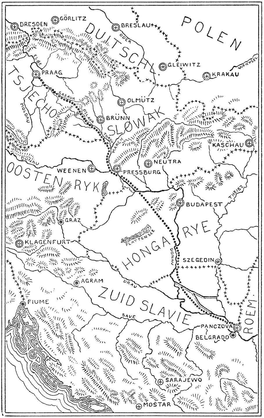 Fig. XI. Praag–Belgrado. Schaal 1 : 5 400 000.