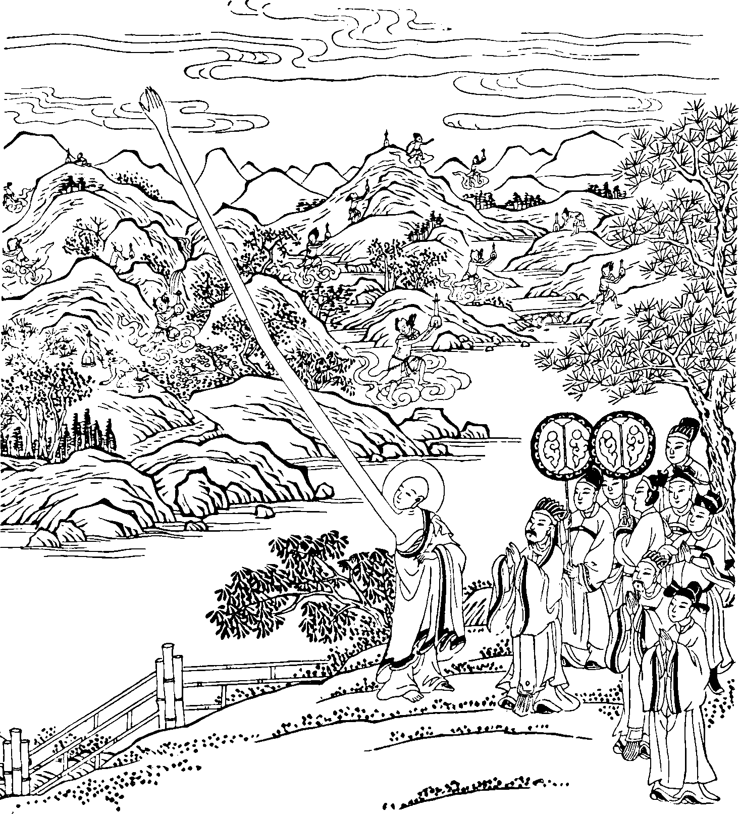 A monk stretches his arm to the clouds