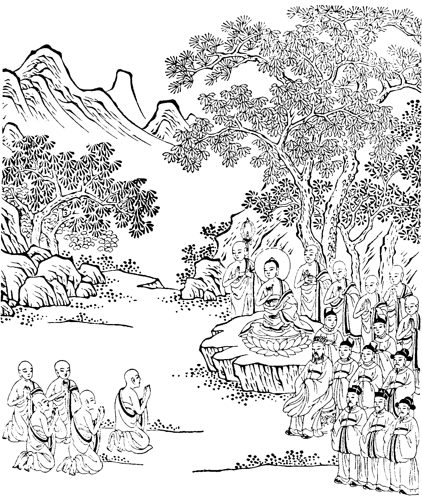 Seated Buddha is speaking to monks in a forest