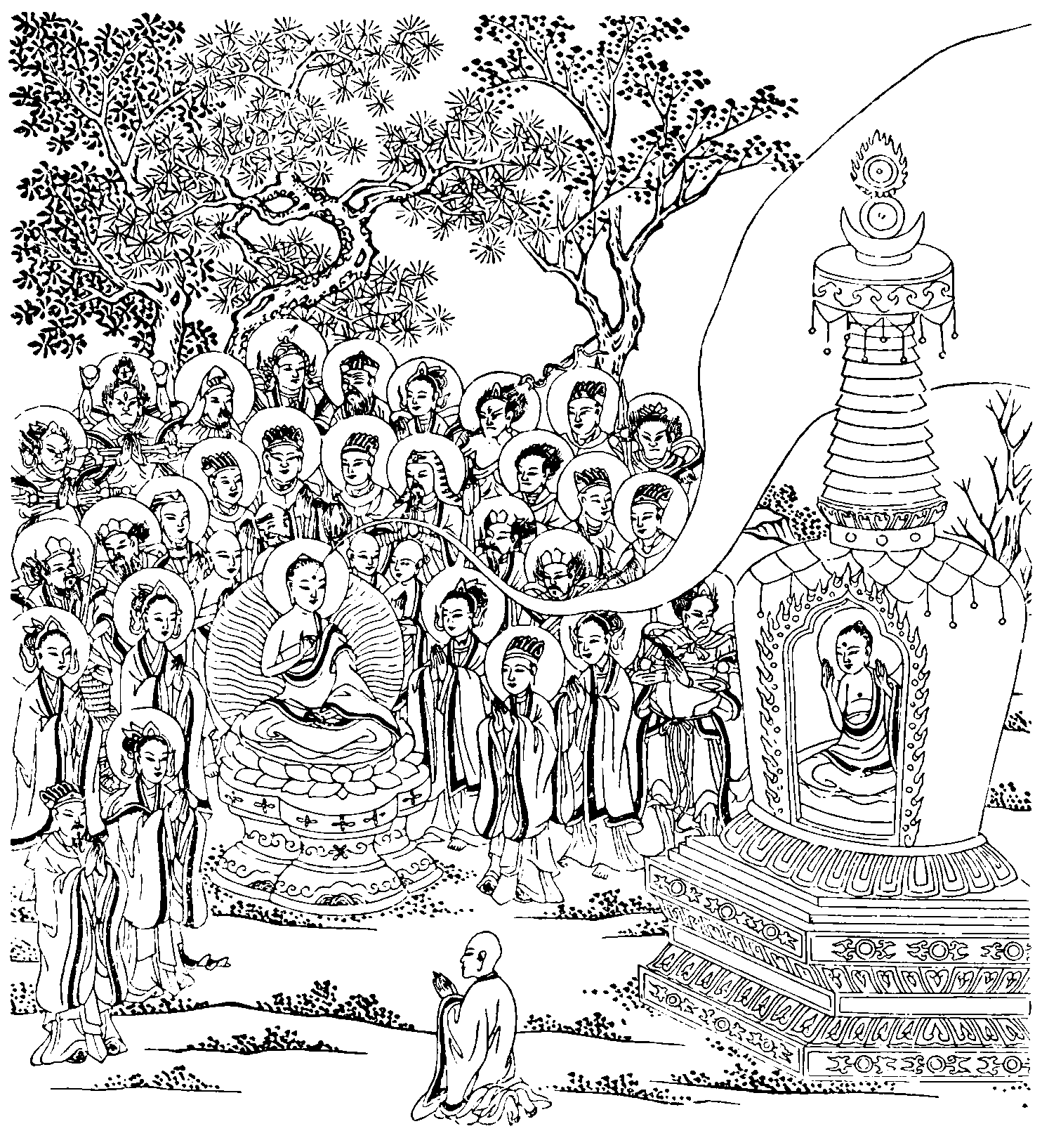 Buddha is seated near a stupa containing the Ancient Buddha