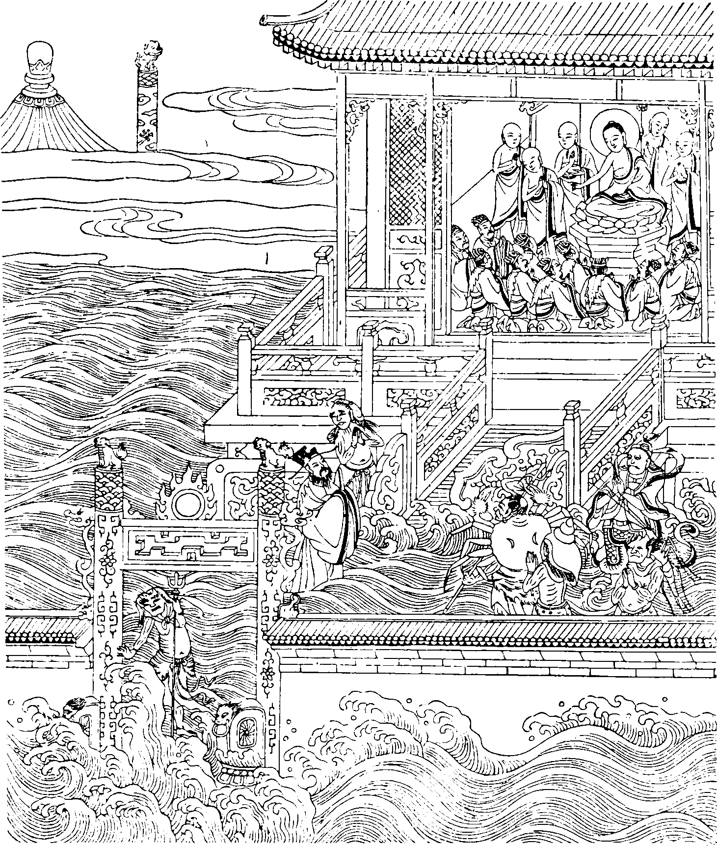 The Dragon King approaches the pavilion containing the Buddha