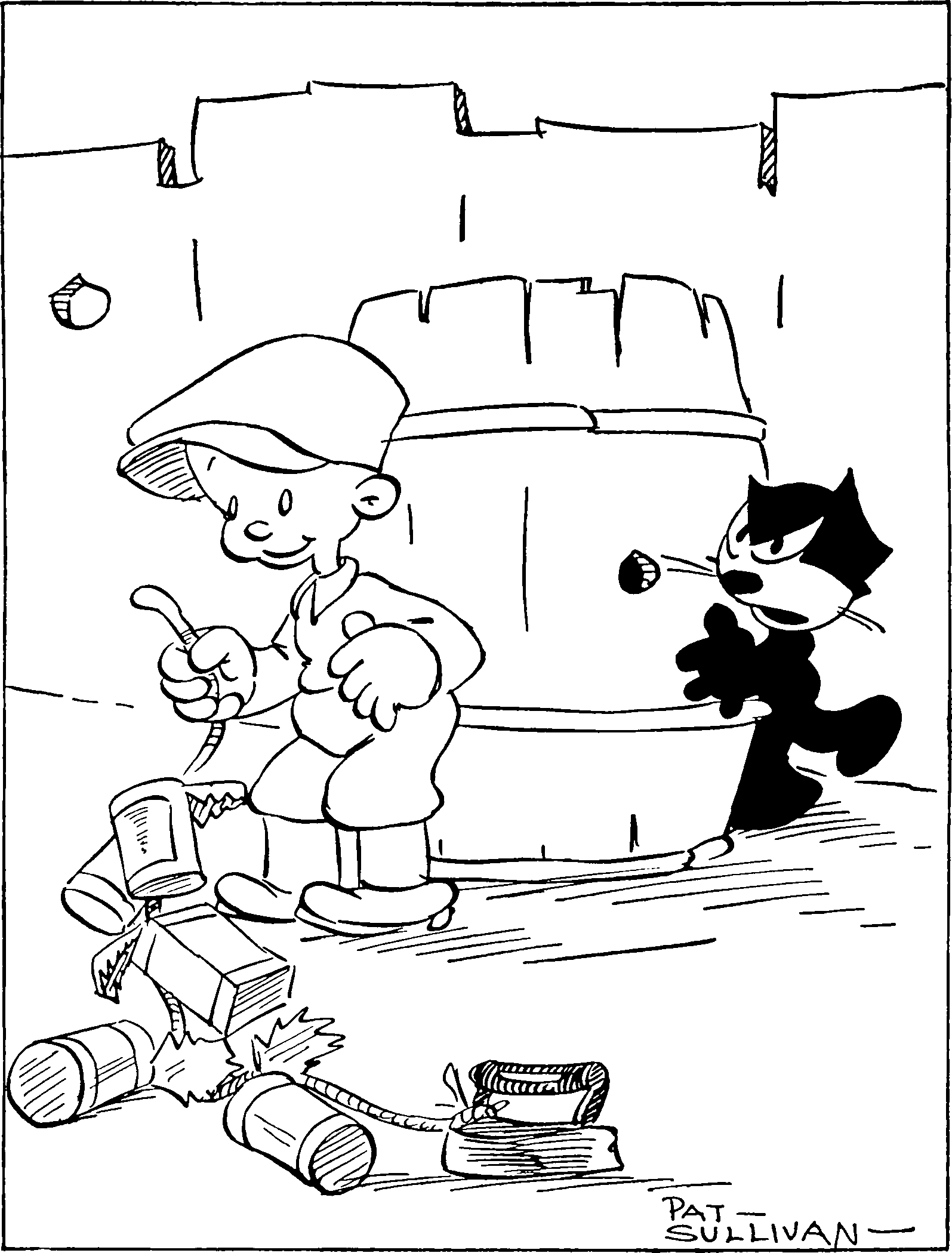 A cat hiding behind a barrel looking at a boy