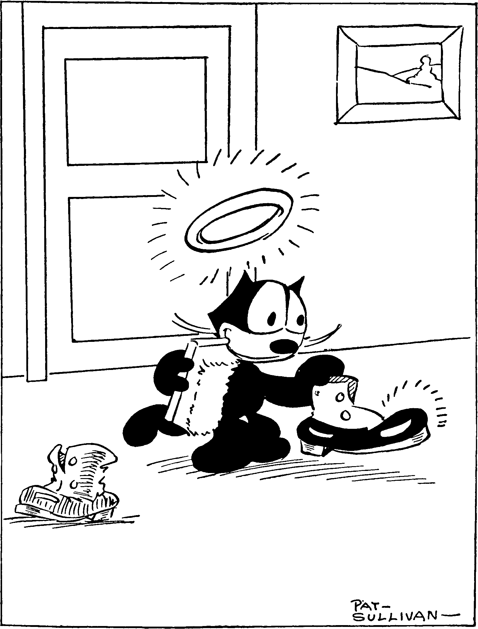 A cat wearing a halo and shining a shoe