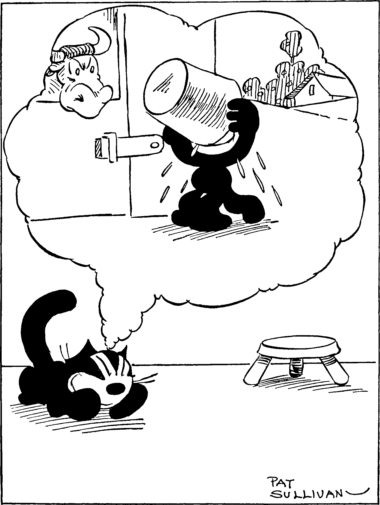 A cat dreaming of drinking a bucket of cream