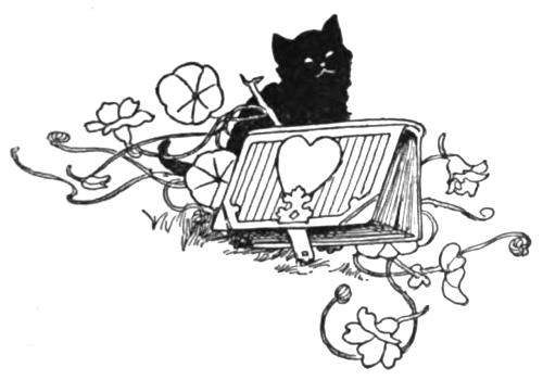 Decorative footer, black cat   sitting on grass by a book surrounded by flowers