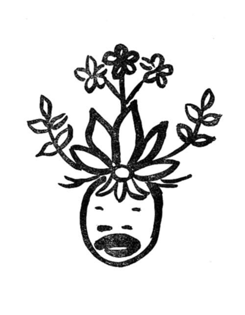 Figura de um rosto com flores e folhas brotando do topo da cabeça como se fossem cabelos.