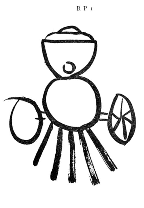 Figura estilizada tipo inseto, com formas circulares empilhadas, dois braços ovais nas laterais e várias linhas verticais na parte inferior, lembrando pernas.