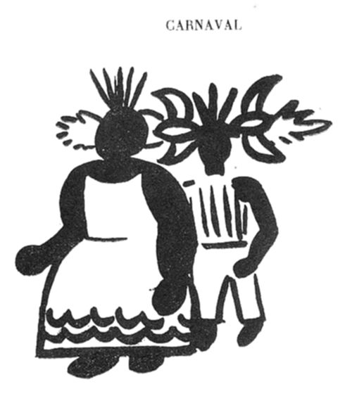 Duas figuras estilizadas em preto: uma à frente com vestido de babados e cabelo espetado, e outra atrás usando uma máscara.