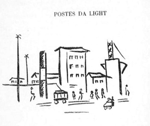 Cena urbana estilizada com postes de luz, prédios, um bonde, pedestres e um veículo.