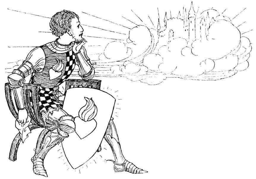 Black and white illustration of a knight in armor seated while holding a shield and gazing at a glowing castle in the clouds.