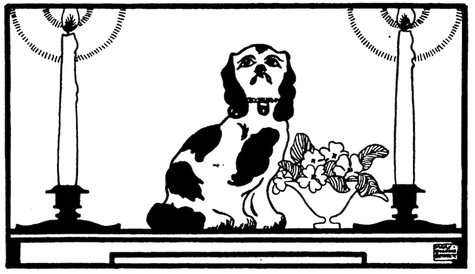 Black and white illustration of a spotted dog figurine or animal sitting on a mantelpiece or shelf between two lit candles, with a small vase of flowers next to it.