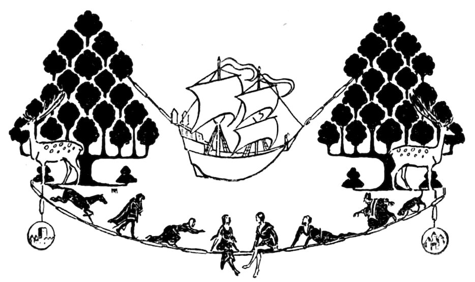 Black and white symmetrical illustration featuring a central sailing ship flanked by two large, stylized trees with deer standing beneath them, while a curved rope or bridge below holds various figures, animals, and hanging medallions.