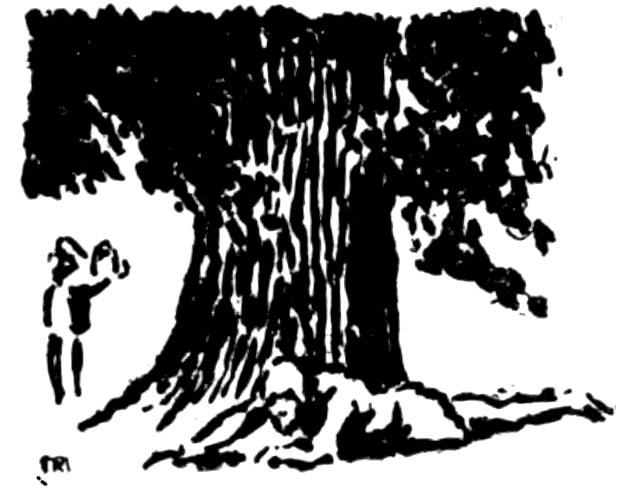 Black and white illustration of a large leafy tree with a person lying on the ground beneath it and another figure standing nearby.