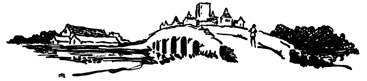 Black and white illustration of a landscape with a arched bridge, buildings on the left, a castle on a hill, and a person walking.