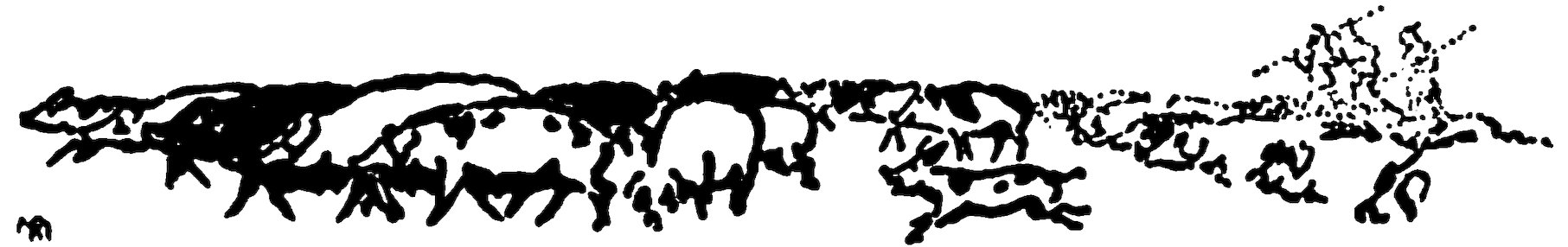 Black and white illustration of a herd of pigs moving across a landscape.