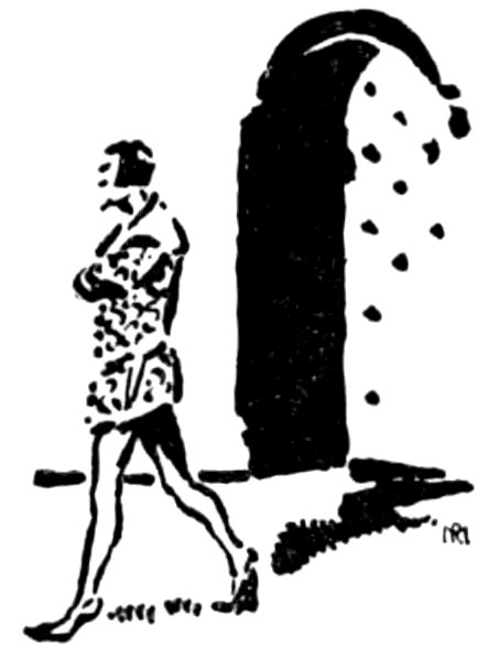 Black and white illustration of a person walking away with arms crossed near a door.