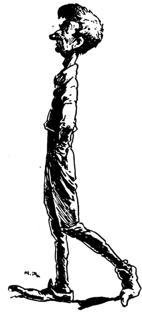 Black and white illustration of a tall, thin man walking in profile.