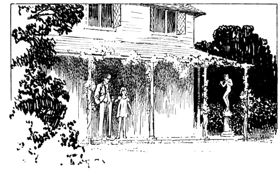 Black and white illustration of a house with a vine-covered porch where a man and a child are standing, while a small statue or figure stands on a pedestal under the veranda to the right.
