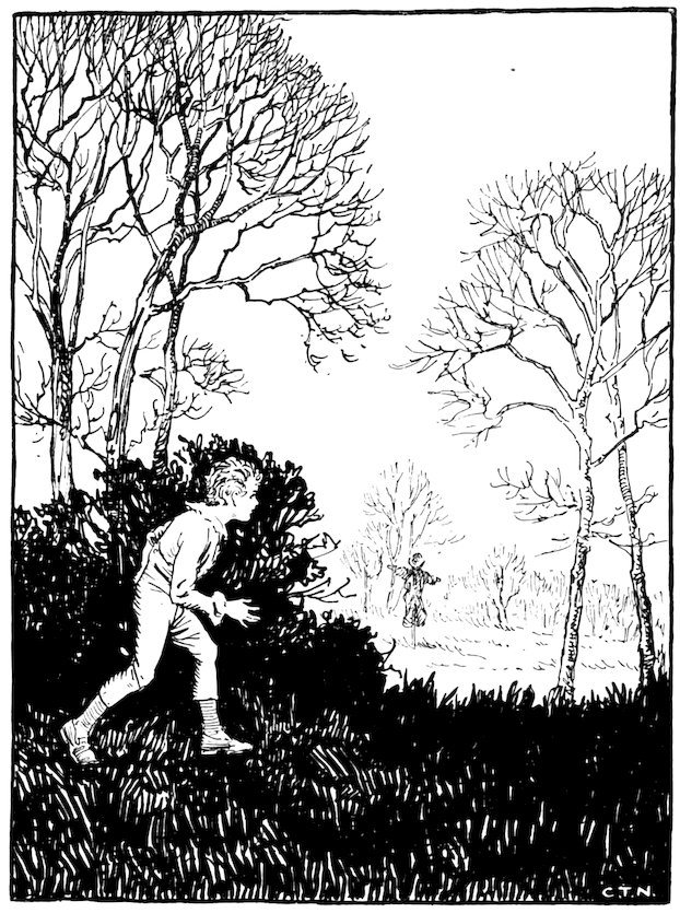 Black and white illustration of a young person creeping cautiously past a bush or hedge in a wooded area, looking towards a scarecrow standing in a distant field among bare trees.