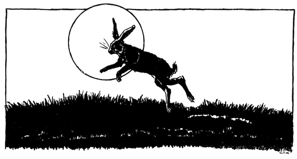 Black and white illustration of a rabbit leaping across a grassy field against the backdrop of a large round moon.